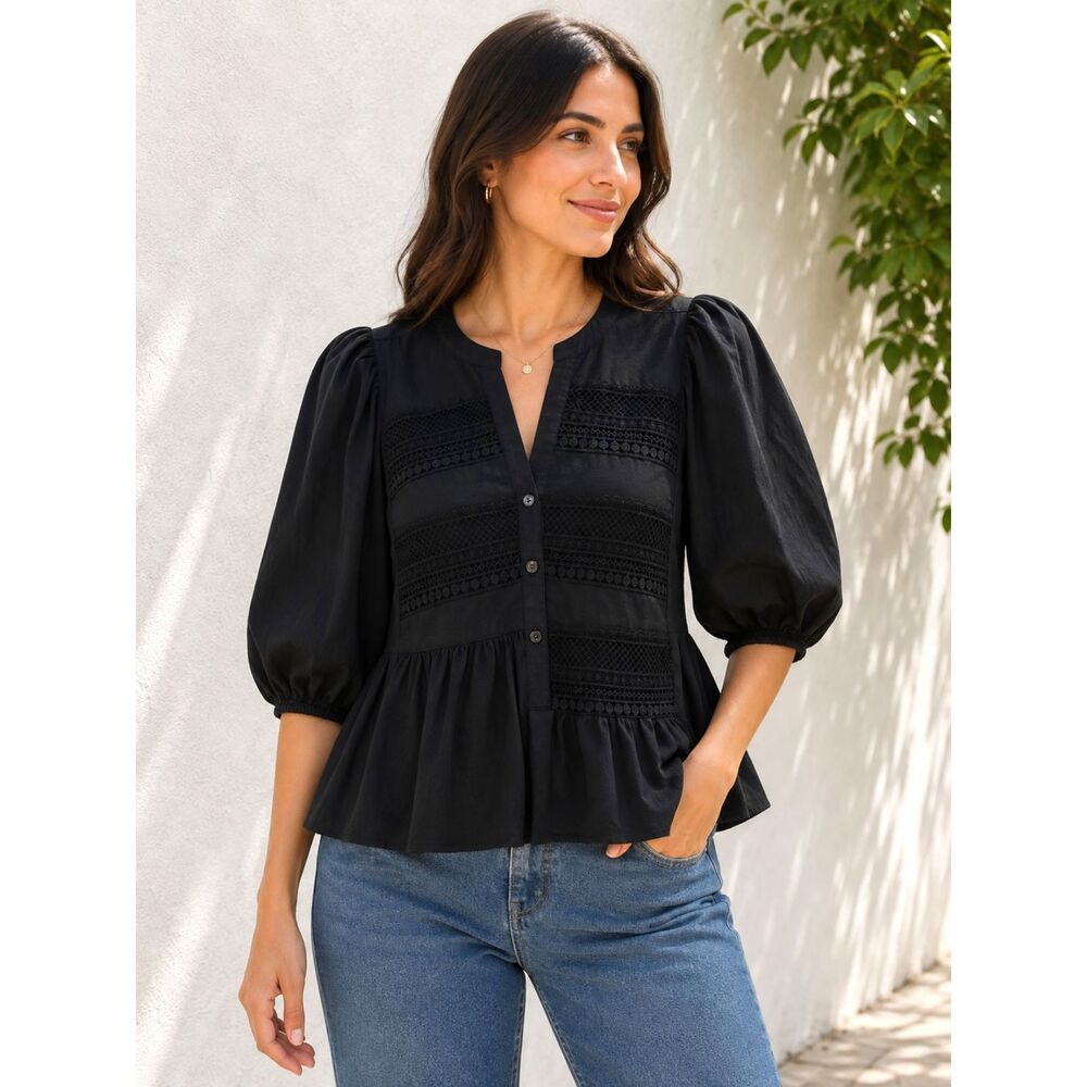 Marc New York Andrew Marc Black Lace Puff Sleeve Peplum Blouse XL